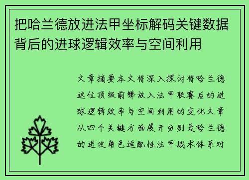 把哈兰德放进法甲坐标解码关键数据背后的进球逻辑效率与空间利用